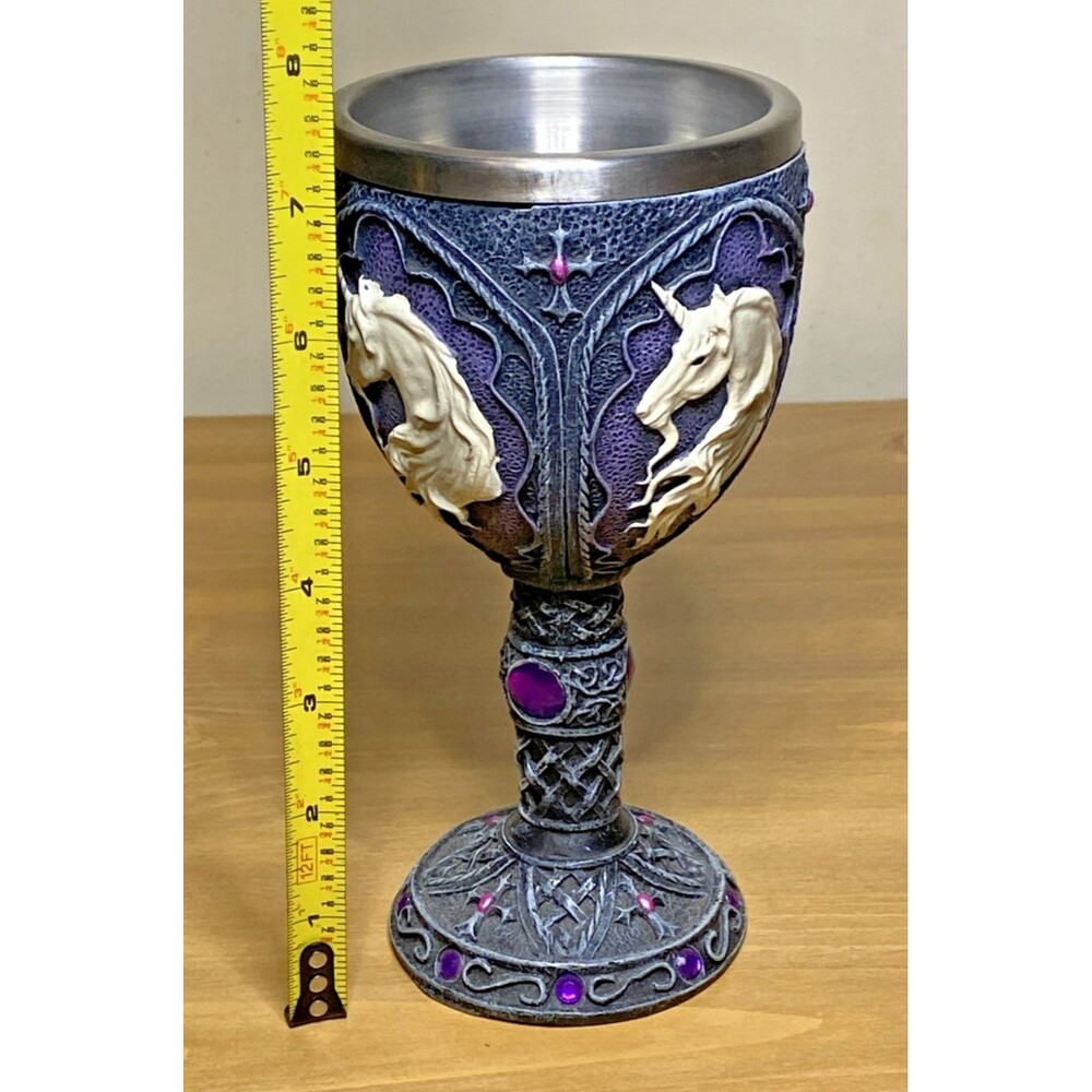 Unicorn Goblet Celtic Meidevel Halloween Purple Stone 7.5” Remove Steel Insert - Picture 7 of 7